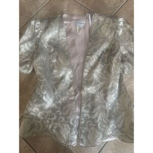 Karen Miller 8 Vintage Jacquard SS Jacket Blazer Gold Padded Shoulders